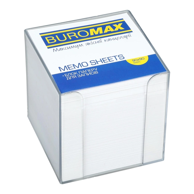 Бокс пластиковий з білим папером BUROMAX, 90х90х90мм, 1000 арк., прозорий (BM.2290-03)